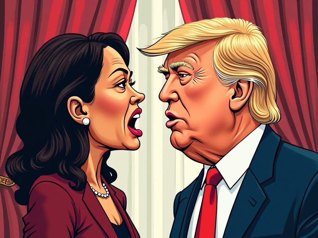 This political cartoon depicts a dramatic confrontation between Kamala Harris and Donald Trump in the backdrop of red curtains. Kamala Harris is portrayed with emotions of defeat while Trump exhibits confidence, reflecting the dynamics of the upcoming 2024 election. The exaggerated features and bold colors accentuate the tension between the two figures. The imagery captures the essence of their rivalry and the charged atmosphere surrounding the political landscape. It serves as a commentary on the electoral battle ahead, providing viewers with insight into the ongoing political tensions.