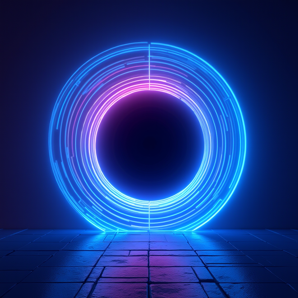 A glowing neon circle with blue and purple hues on a tiled floor against a dark background.