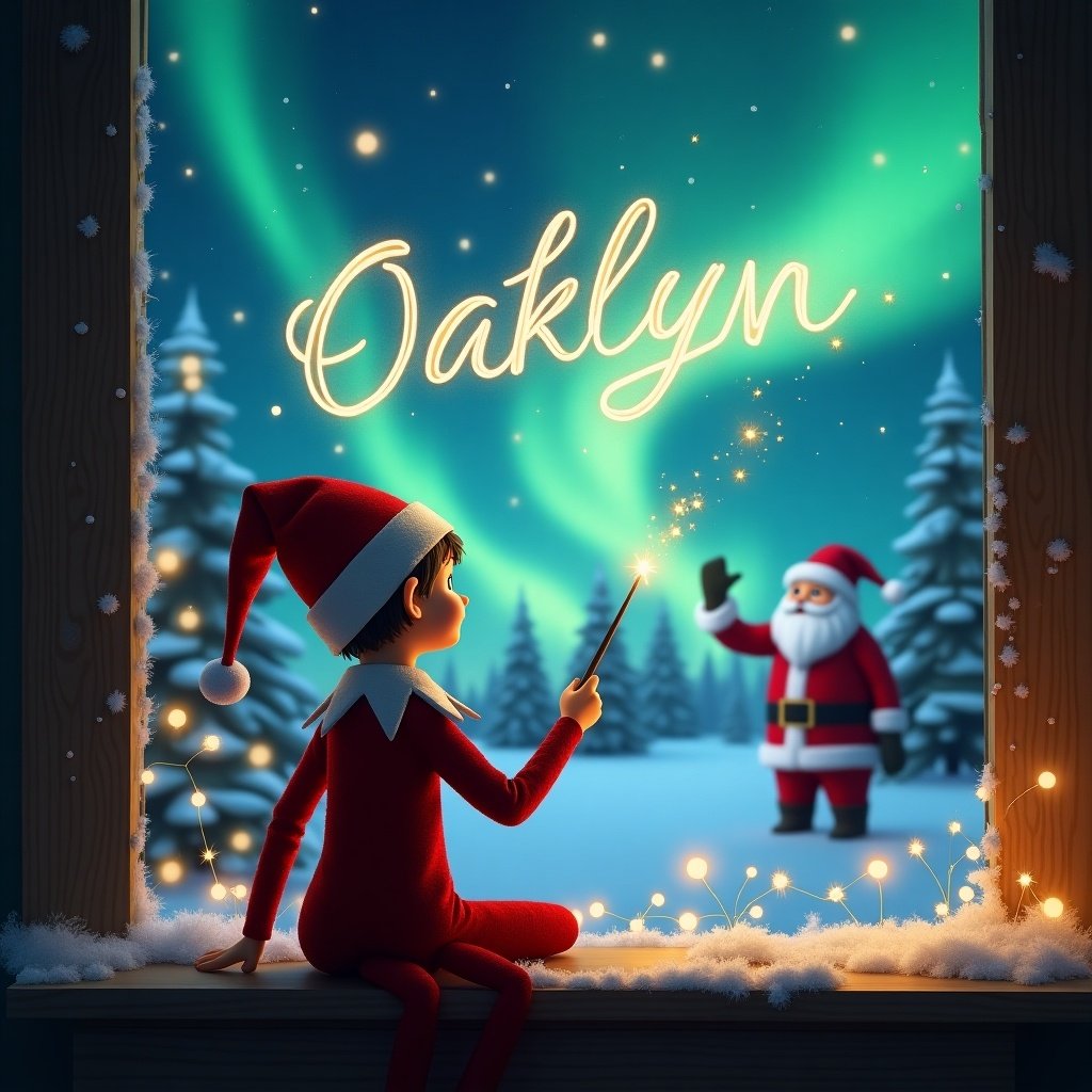 An enchanting scene shows an elf on the shelf with his back to the viewer, gazing up at a colorful sky illuminated by magical northern lights. The elf is cheerfully using a wand to write 'Oaklyn' in elegant, sparkling letters against the night sky. In the background, Santa Claus is seen in a winter wonderland, adding to the festive atmosphere. The scene captures the whimsical spirit of Christmas and childhood imagination, complete with snow-covered trees and twinkling lights. This lovely illustration is perfect for holiday-themed content.