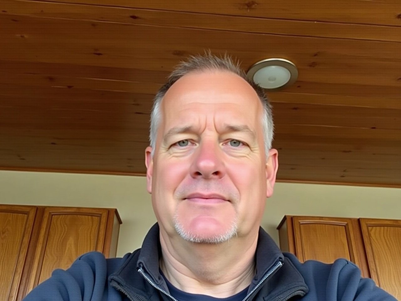 The image features a middle-aged man with short gray hair and a beard, looking directly at the camera. He is wearing a black jacket and smiling gently. The background consists of wooden cabinetry, suggesting a cozy indoor environment. The lighting is warm and natural, illuminating the man's face well. This selfie captures a friendly and approachable demeanor, making it suitable for professional settings.