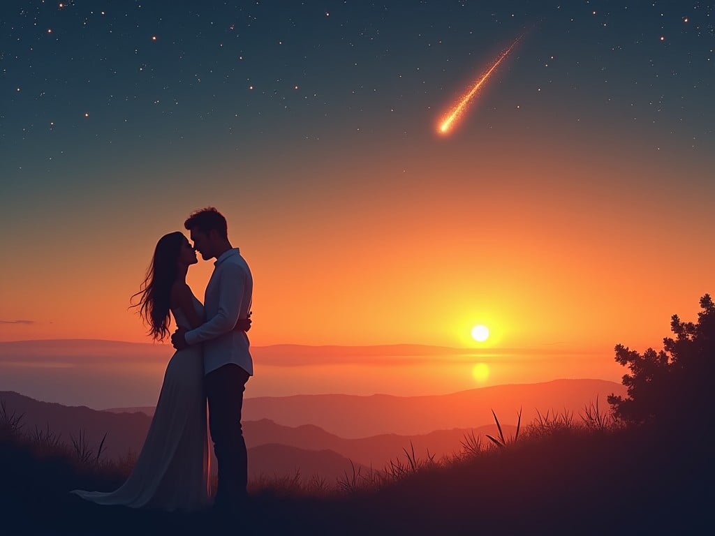 This image depicts a romantic sunset scene where a couple stands embraced against a breathtaking backdrop. The sky is adorned with a shooting star streaking across, enhancing the magical atmosphere. The warm glow of the sunset bathes them in soft light, creating an intimate and dreamy ambiance. The mountains in the background provide depth and beauty to the scene. This intimate moment captures the essence of love and connection under a vast, starry sky.