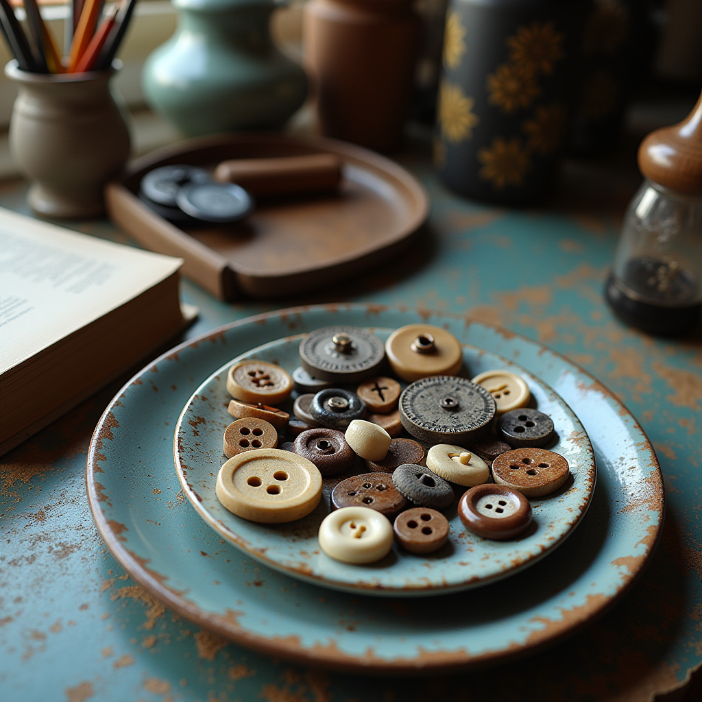 A collection of assorted vintage buttons displayed on a rustic plate.