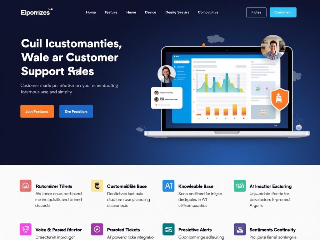 The image showcases a modern website for a customer support solution called Elporizes. It features a vibrant blue background with contrasting white and orange elements. A laptop is prominently displayed, showing a dashboard filled with colorful graphs and data points. The layout presents various features of the software, aimed at improving customer service. There are buttons and text that suggest interactivity and usability. This design emphasizes a professional and welcoming vibe, suitable for tech-savvy users.