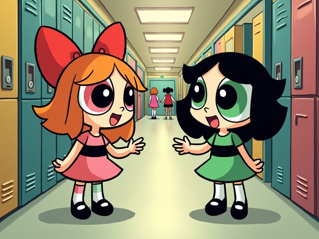 Two cartoon characters similar to The Powerpuff Girls in a school hallway talking with lockers in the background.