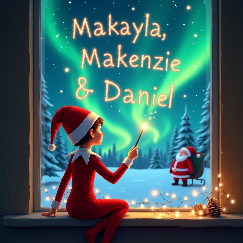 A whimsical depiction of an elf on the shelf sitting by a window. The elf, dressed in a bright red costume, is facing away from the viewer. Using a wand, the elf writes in the night sky. Outside, there's a stunning display of northern lights illuminating the scene. In the distance, Santa Claus is visible, enhancing the festive atmosphere. The names 'Makayla, Makenzie & Daniel' sparkle in the sky, embodying the spirit of Christmas wonder.