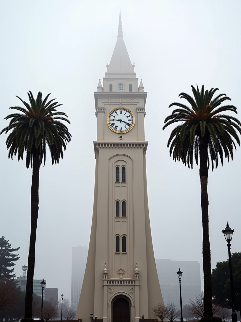 A tall clock tower stands between two palm trees on a foggy day.