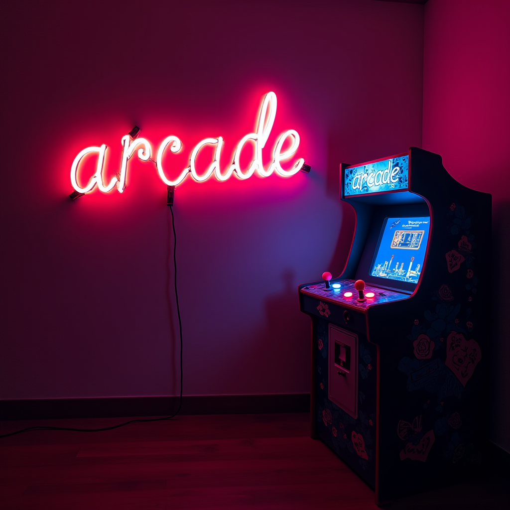 A dimly lit room features a vibrant pink neon sign reading 'arcade,' next to a vintage arcade machine with glowing buttons and a blue screen displaying pixelated graphics.