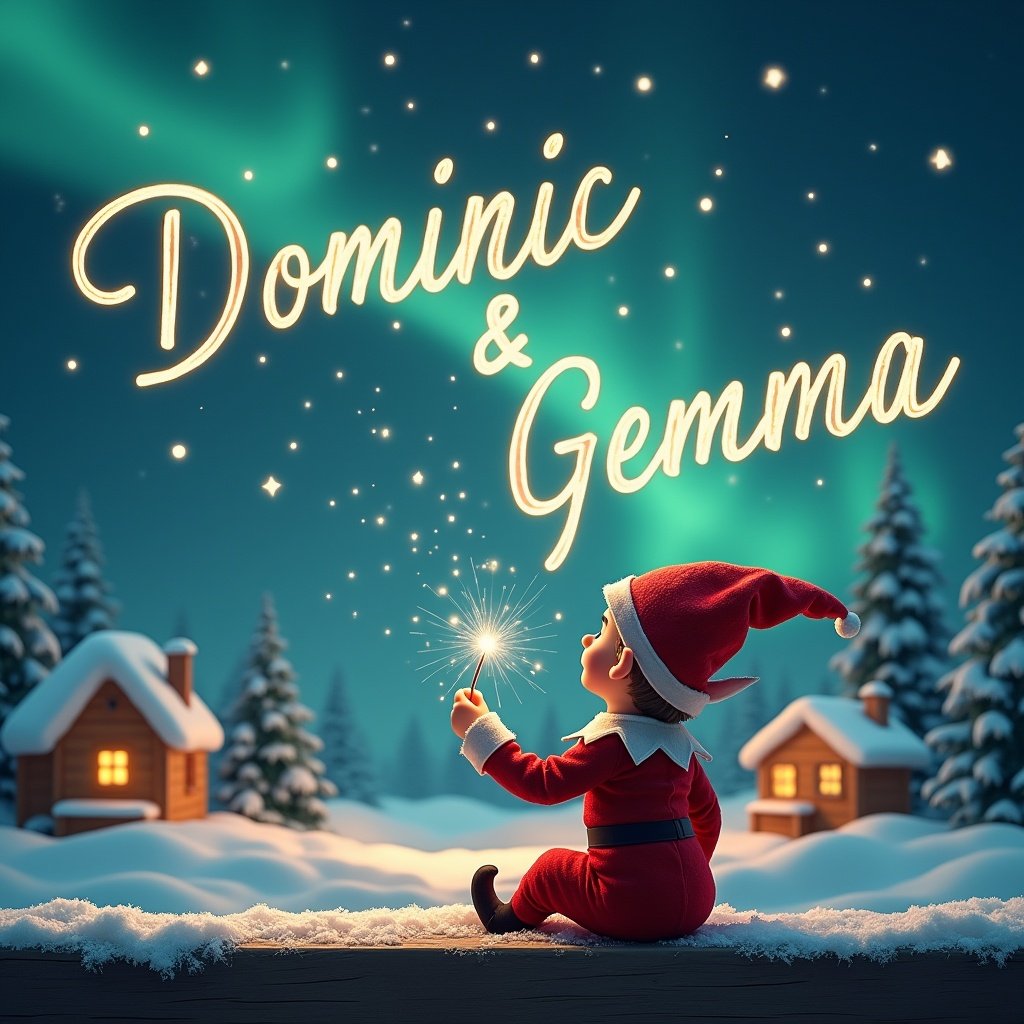 An elf sits on a wooden ledge with its back to the camera, gazing at a magical sky. The elf, dressed in a red outfit with a pointed hat, holds a sparkling wand. With the wand, the elf elegantly writes the names 'Dominic’ and 'Gemma’ in the starry sky. The background features a snowy landscape with charming little houses and evergreen trees under the shimmering Northern Lights. This whimsical scene captures the essence of childhood magic and Christmas cheer.