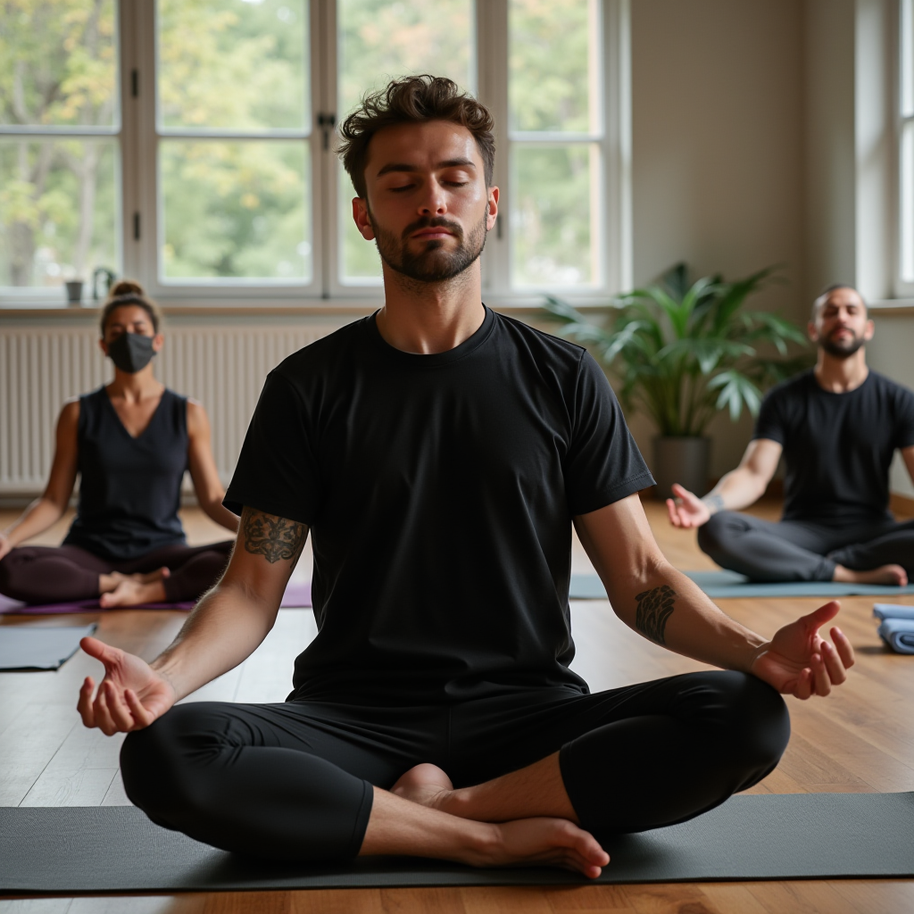 Three people are meditating in a yoga class, sitting cross-legged on mats with eyes closed.