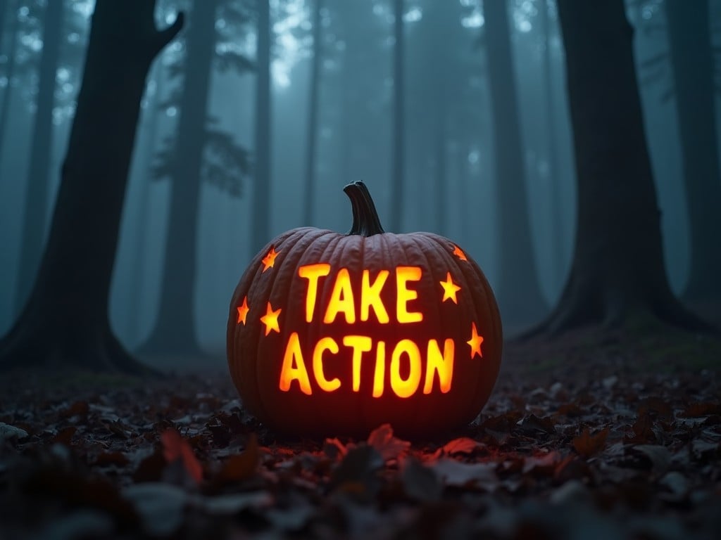 A carved pumpkin sits in a dark and misty forest. The pumpkin is brightly lit from within and features the words 'TAKE ACTION' carved into it. Surrounding the text are small star shapes that add to the festive atmosphere. The forest is filled with tall trees that loom in the background, shrouded in fog. Leaves cover the ground, contributing to the autumn ambiance. This scene evokes a sense of encouragement and urgency, perfect for a seasonal campaign.