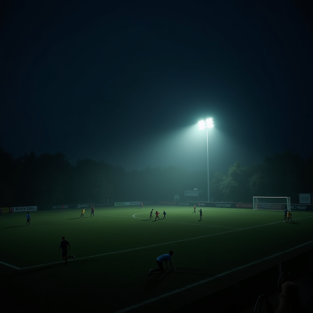 A serene night-time soccer game illuminated by a single tall floodlight casting a dramatic glow over the field.