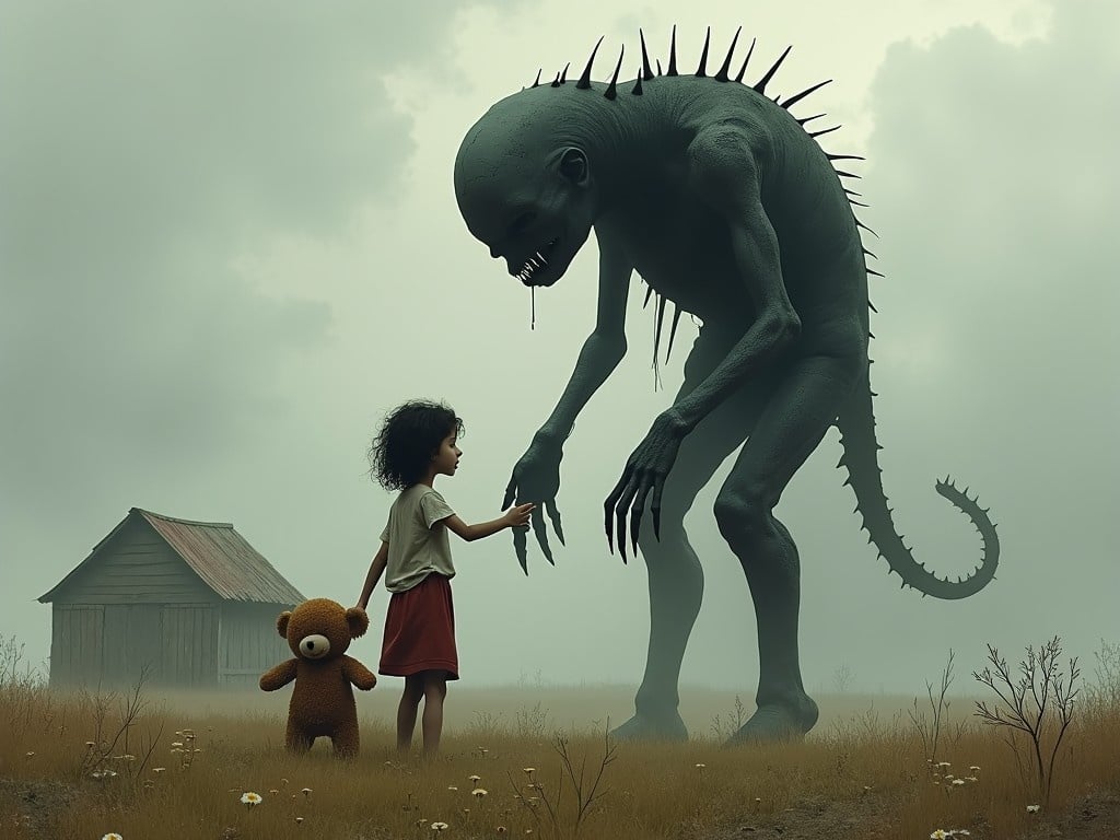 The image depicts a tall, slender black monster with prominent chest bones and no facial features. It stands in a cloudy field near an abandoned farm, holding the hand of a little girl who looks frightened and is wearing torn clothes. The girl carries a headless stuffed bear, symbolizing innocence amidst fear. The atmosphere is thick with fog, adding to the surreal and nightmarish quality of the scene. This juxtaposition of the monstrous figure and the vulnerable child evokes a sense of unease and curiosity.