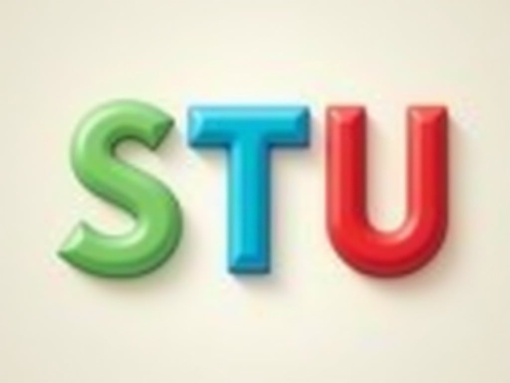 The image features three colorful letters: a light green 'S', a light blue 'T', and a bright red 'U'. Each letter has a glossy, 3D appearance, making them visually engaging. The background is a soft, neutral color that complements the vibrant letters. This combination gives the image a playful and inviting look. It could be ideal for educational materials or branding targeting children.