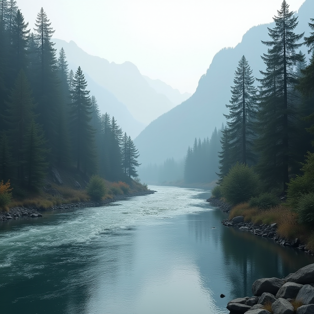 A serene river flows through a misty forest with towering mountains in the background.