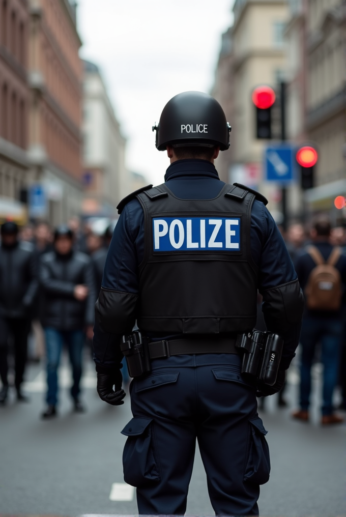 A police officer stands in the street wearing a uniform and helmet, facing a crowd.