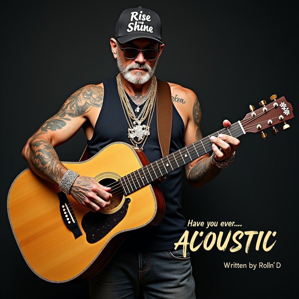 A stylish, tattooed musician with a beard and sunglasses, wearing a 'Rise and Shine' cap, playing an acoustic guitar, with emphasis on the guitar and his accessories.