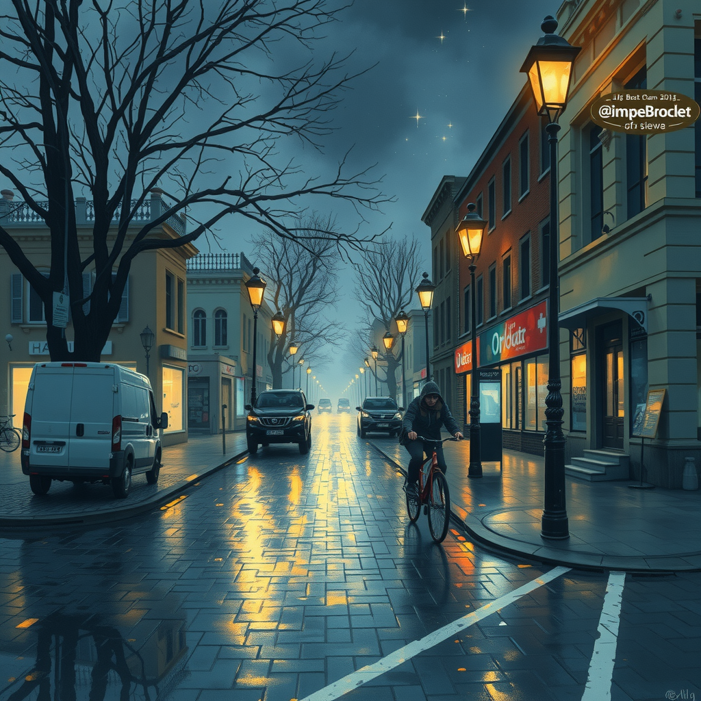 The image captures a quiet, wet street scene in a town during the evening. The road and sidewalks glisten with reflections from recent rain, enhancing the warm glow of the streetlights. The sky is a moody blue, sprinkled with a few stars breaking through the overcast condition. On the right side, a cyclist wearing dark clothing rides down the street, while a couple of vehicles are parked or driving along the road. The surrounding architecture features row buildings with shops having illuminated signs, adding to the cozy atmosphere. Leafless trees line the street, contributing to a late autumn or winter feel.