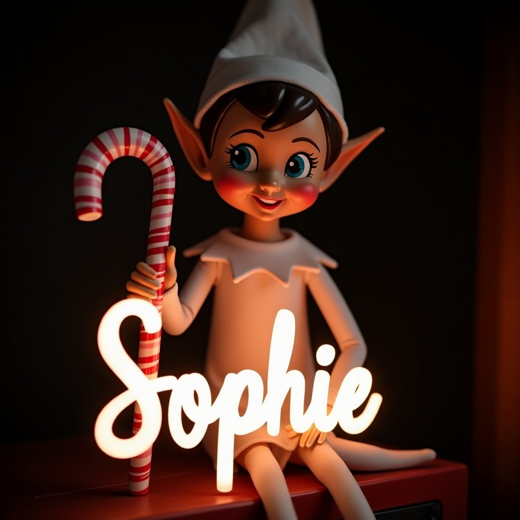 This image showcases a female elf on the shelf character, joyfully dressed in all white with candy-cane attire. The elf is holding a glowing stick that illuminates the name 'Sophie' in soft light. The background is dark, which accentuates the warm glow from the elf's stick. The scene creates a warm and inviting ambiance, perfect for the holiday season. This festive depiction embodies the joy and magic associated with Christmas, evoking feelings of nostalgia and cheer, making it ideal for holiday celebrations.