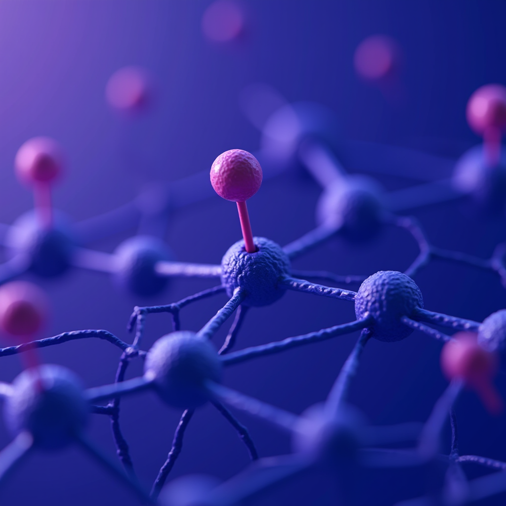 A macro view of a complex molecular structure with purple spheres connected by rods, against a blurred purple backdrop.