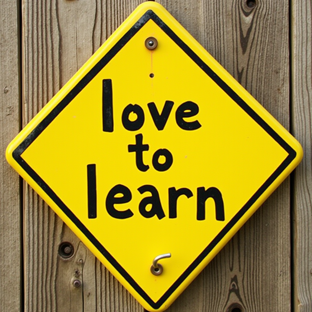 A yellow diamond-shaped sign with the phrase 'love to learn' against a wooden background.