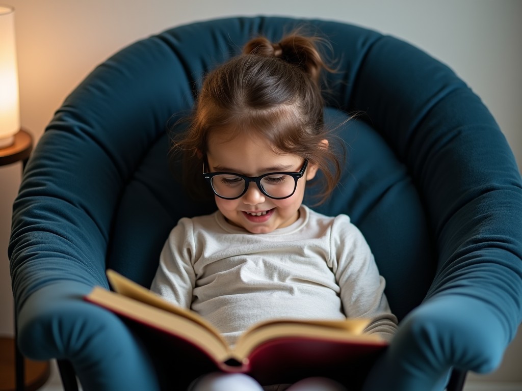 A little girl wearing glasses is sitting in a dark blue, cushioned chair that has a metal frame. She is deeply engrossed in reading a book, with a look of curiosity on her face. The room is softly lit, creating a cozy atmosphere. The chair's round shape and plush fabric contrast with the girl’s small, delicate figure. The scene captures a moment of imagination and joy as she turns the pages.