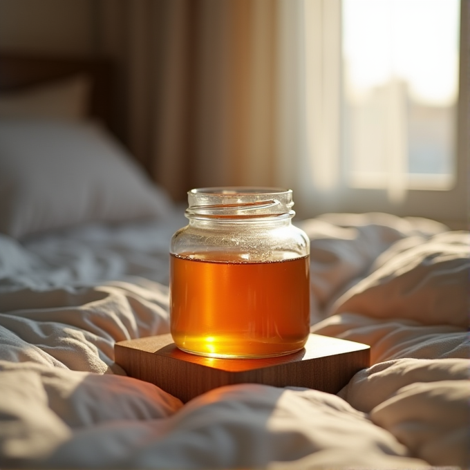 A jar of golden honey is placed on a wooden board, surrounded by soft, sunlit bedding.