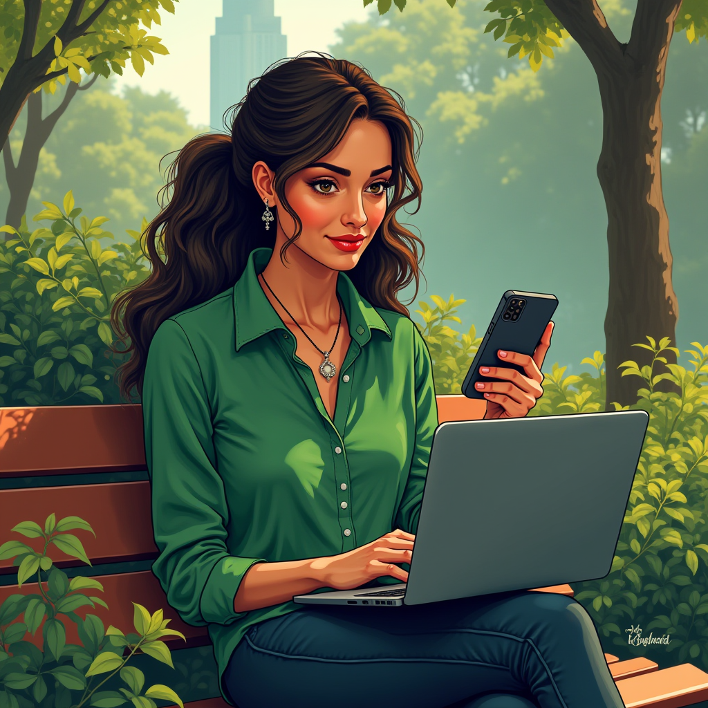 The image depicts a digitally illustrated young woman sitting on a park bench under a tree on a sunny day. She is multitasking, holding a smartphone in one hand and typing on a laptop with the other. Her attire is casual yet stylish, featuring a green button-up shirt and jeans. Her long, wavy hair cascades over her shoulders as she sits comfortably among the lush greenery. In the background, there's a hint of an urban skyline, suggesting a city park setting. The atmosphere is serene, blending technology with nature.