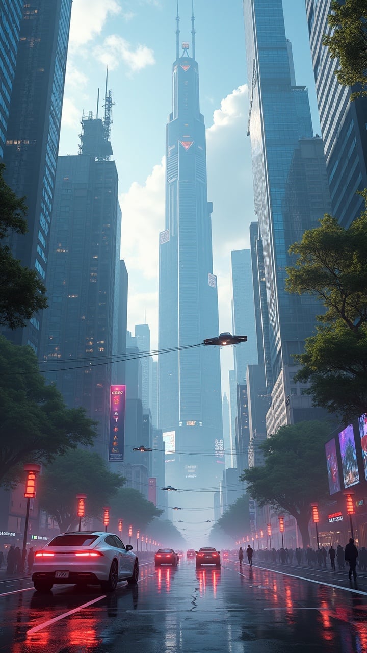 A futuristic cityscape with towering skyscrapers, flying vehicles, and neon-lit streets during a misty day.