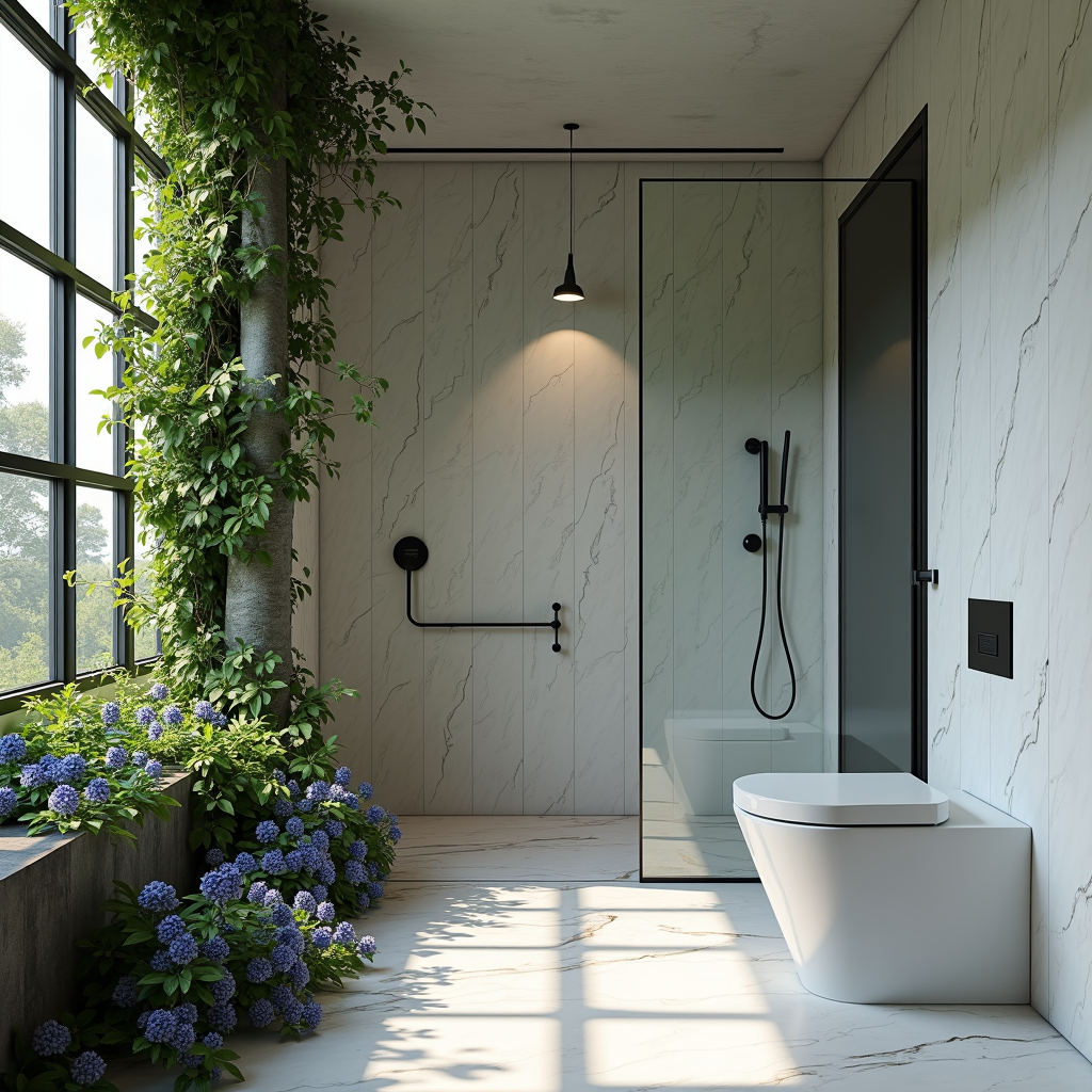 A modern bathroom with marble finishes, glass shower, and lush green plants by the window.