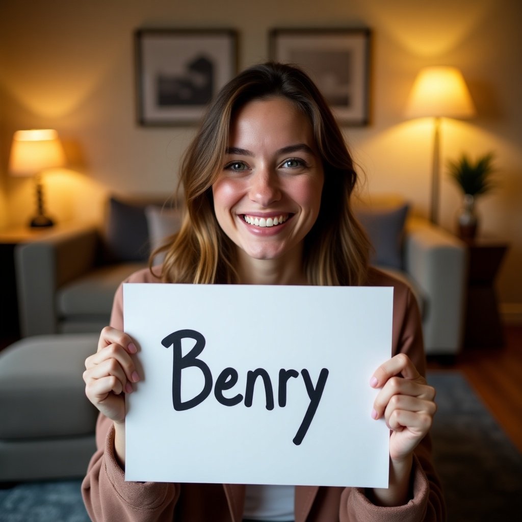 A young woman is sitting in her cozy living room with stylish decor. She holds a white piece of paper featuring the name 'Benry' in bold black letters. Her joyful smile reflects happiness and curiosity. The soft lighting from the lamps creates a warm and inviting atmosphere. The living room setting is perfect for displaying personal expression and identity. This image conveys a moment of joy and connection to one's name.