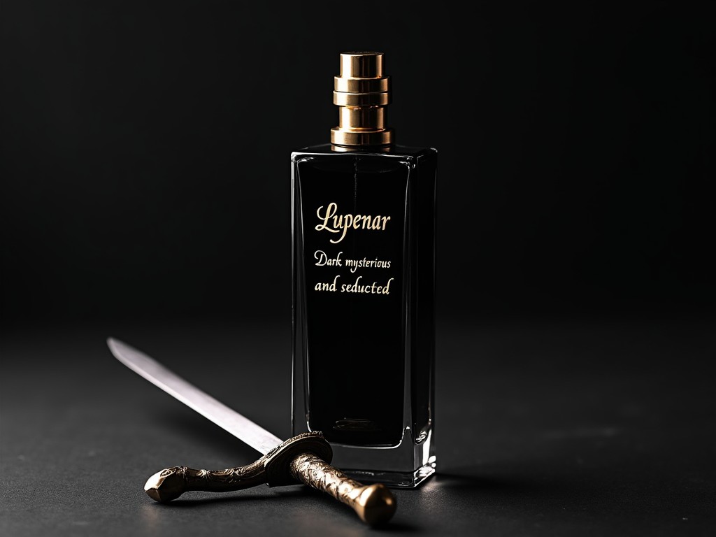 The image features an elegant black perfume bottle named 'Lypenar' with golden lettering. It sits next to a decorative silver sword, contrasting against a dark background. The setting creates an air of mystery and allure. The lighting highlights the sleek design of the bottle and the ornate details of the sword. This composition evokes a sense of sophistication and intrigue, perfect for a luxury brand promotion.