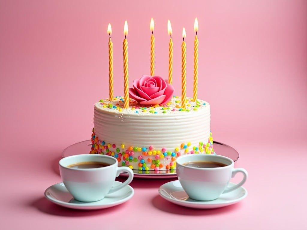 A beautifully decorated birthday cake sits on a plate. The cake is white with colorful sprinkles and has a pink rose on top. There are six yellow candles lit on the cake. Two light-blue cups filled with coffee sit on either side of the cake. The background is a soft pink, giving the image a festive feel. The overall scene conveys a sense of celebration and sweetness. Perfect for a birthday party theme, this image evokes joy and fun.