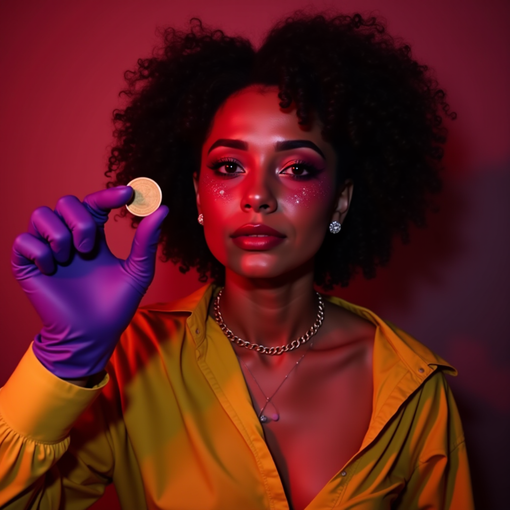 A woman with a mysterious expression holds a coin, her gloved hand contrasting with her bright yellow top, all bathed in a warm red light.