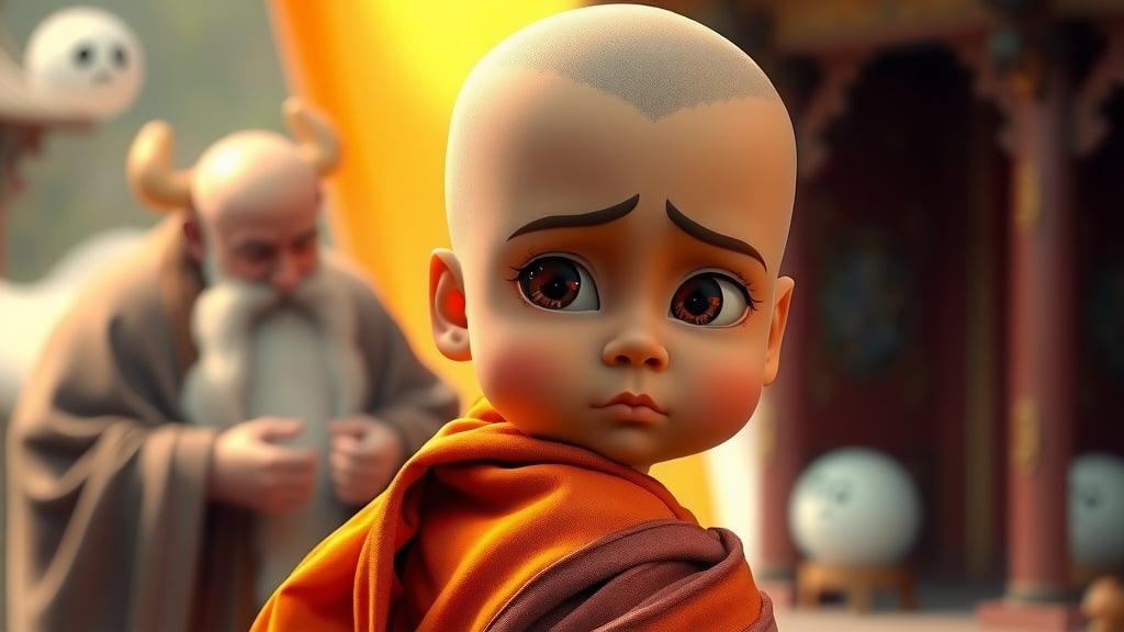 A cartoon monk with expressive eyes stands in a serene, possibly mystical setting.