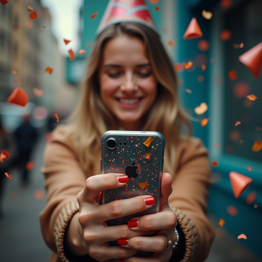 A smiling woman wearing a party hat takes a selfie amidst falling confetti.