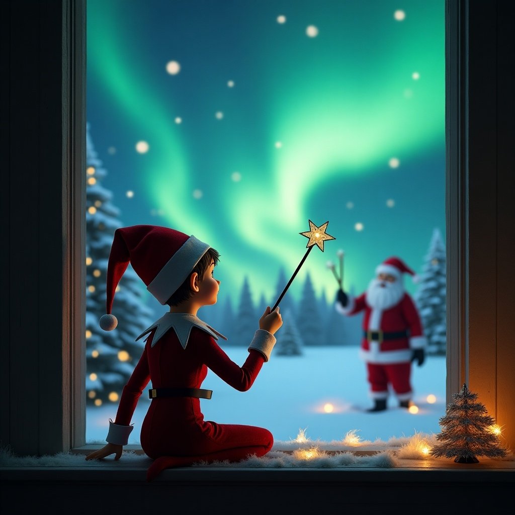 This enchanting image features a young elf character sitting by a cozy window during Christmas. The elf, dressed in a festive outfit, faces the breathtaking northern lights outside and is joyfully using a wand to write 'Tiffany' in the sky. In the background, Santa Claus can be seen, adding a magical element to the scene. The setting is a peaceful winter wonderland, with snow-covered trees and a glowing ambiance. This holiday-themed visual captures the spirit of childhood wonder and festive cheer.