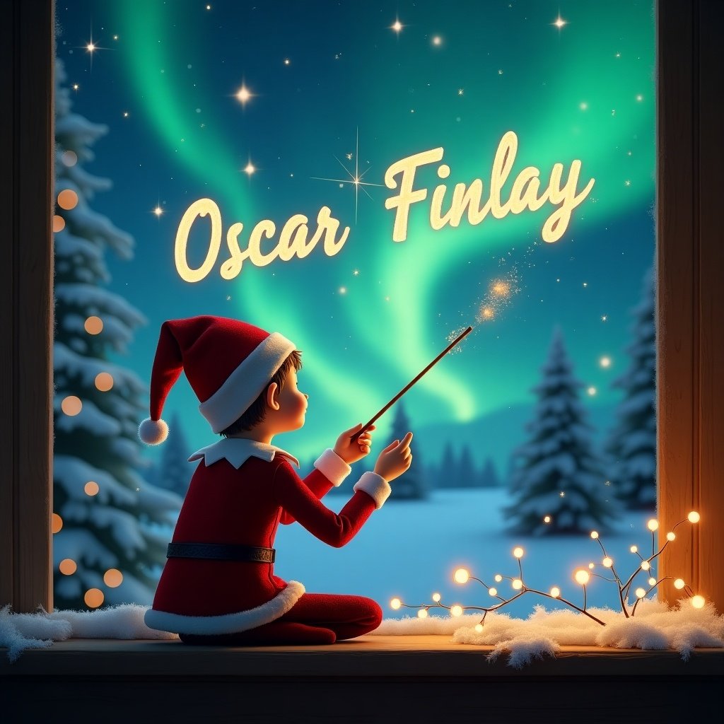 The image depicts a whimsical Christmas scene featuring an elf on the shelf. The elf is positioned with its back to the viewer, facing out a window as it uses a magic wand to elegantly write the names 'Oscar' and 'Finlay' in the sky. The backdrop is a stunning winter landscape illuminated by the northern lights, featuring snow-covered trees and a glimpse of Santa. Soft, magical lighting creates a warm atmosphere, inviting the viewer into a festive and enchanting world. This scene captures the joy and magic of the holiday season, making it a perfect illustration for children's holiday stories.