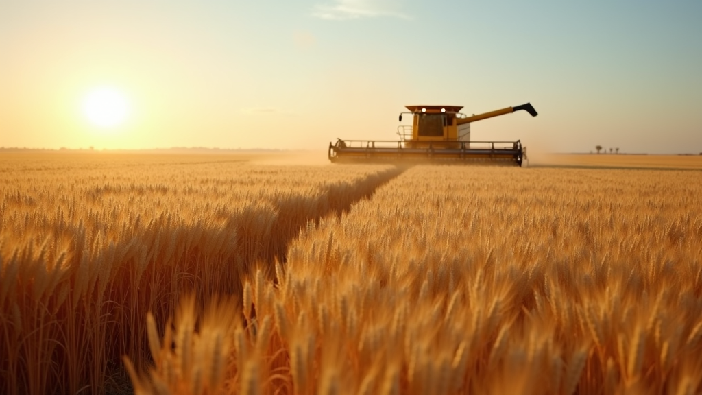 A combine harvester works in a vast golden wheat field at sunset.