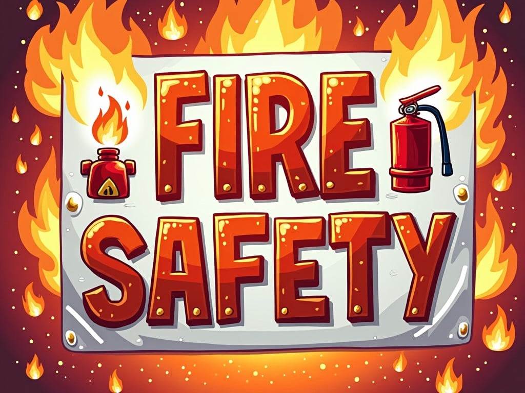 This is a vibrant and eye-catching banner style sign featuring the words 'FIRE SAFETY'. The background is ablaze with animated flames, adding urgency to the theme. The text is bold and prominent, designed to grab immediate attention. To the left of the text, there's an illustration of a fire hydrant and to the right, a fire extinguisher. The overall feel is educational and aimed at promoting awareness of fire safety.