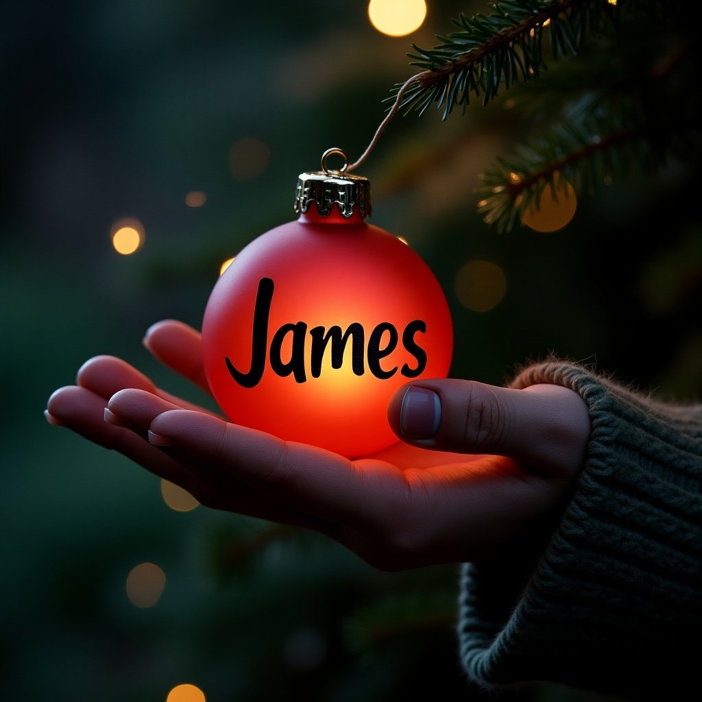 In the serene night garden, a hand delicately holds a striking red Christmas bauble. The bauble is adorned with the name 'James' in elegant script. It glows warmly, casting a soft light that contrasts with the dark surroundings. Behind, twinkling Christmas lights add a magical ambiance. This scene captures the spirit of personalized holiday celebrations, making it a perfect visual for Christmas-themed content.