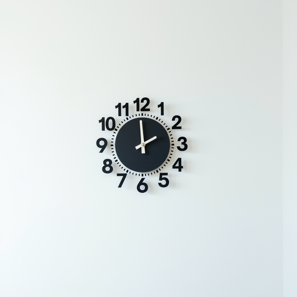 A simple, modern clock with bold black numbers and minimalist hands on a white wall.