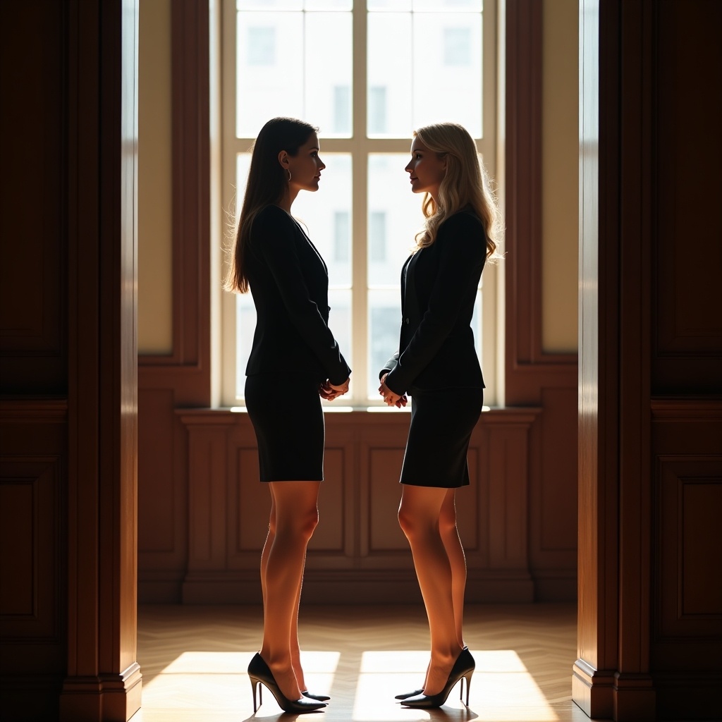 The image captures two women standing in profile, emphasizing their professionalism in tailored office attire. Their high heels and legs are prominently visible, adding a sleek and fashionable touch. The backdrop is a well-lit court setting, with natural light streaming in through a large window, casting a warm glow. The atmosphere suggests a serious business conversation or meeting. Both women appear engaged and confident, representing a powerful image of contemporary female professionals.