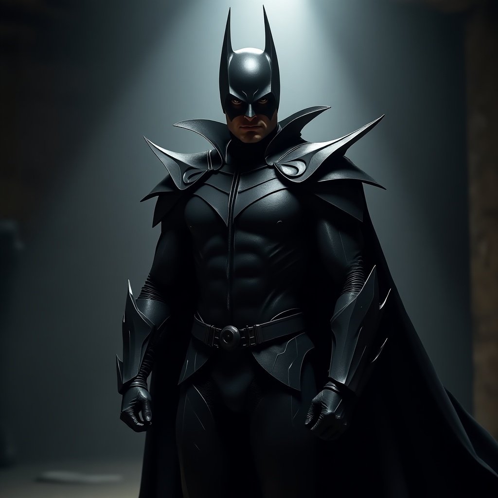 Imagine a charismatic character designed as a superhero inspired by the night and bats. This character is dressed in a striking black and dark gray costume, with sharp, angular lines and a dramatic cape. The atmosphere surrounding him is deep and dark, enhancing his heroic presence. He stands confidently, with a strong physique, showcasing both power and elegance. The lighting casts a dramatic glow, highlighting the contours of his costume, making him look larger than life. This design could serve various purposes, including animation and comic book illustrations.