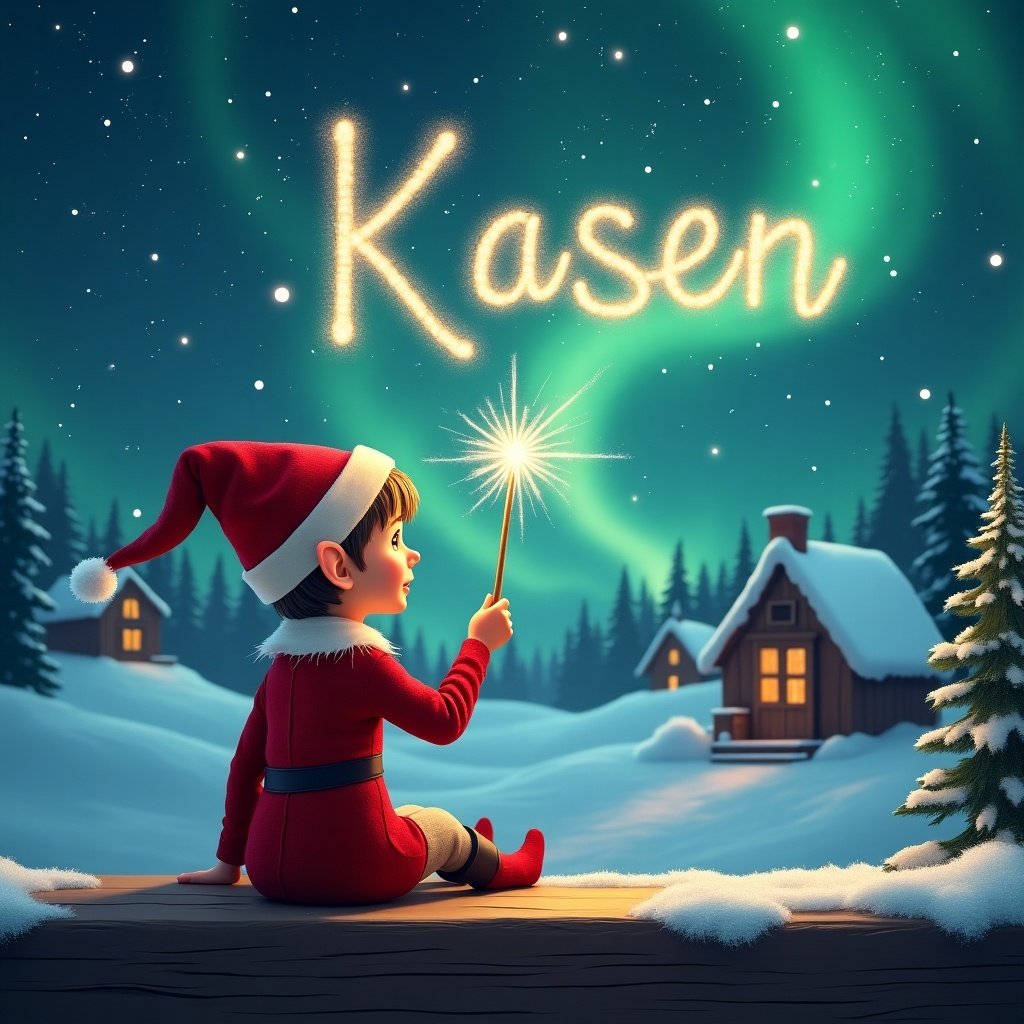 An elf sits on a wooden ledge with its back to the camera, gazing at a magical sky. Dressed in a bright red outfit with a pointed hat, the elf holds a sparkling wand. The wand creates the name 'Kasen' in the shimmering sky filled with stars. Below, a snowy landscape features charming little houses and evergreen trees. The Northern Lights add an enchanting glow to the scene, embodying the essence of childhood magic and Christmas cheer.