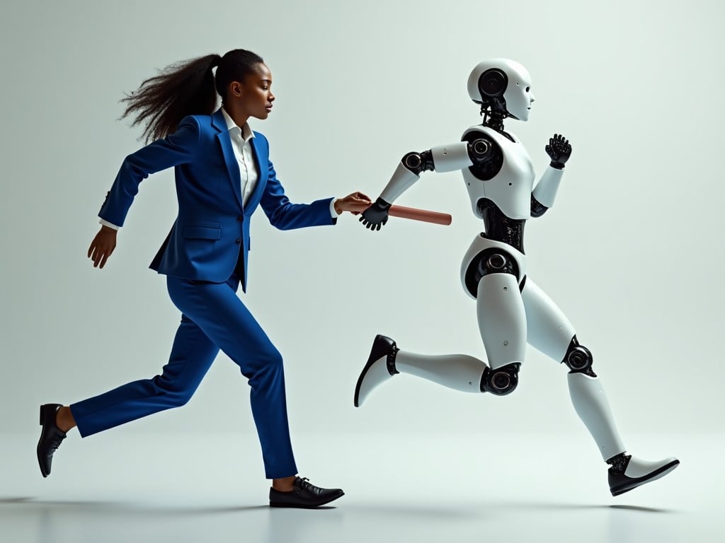 A futuristic scenario where humanoid robots in corporate attire are running on a track. The robots are designed with sleek, white, metallic faces and are dressed in blue business suits. The setting appears to be an indoor sports facility, showcasing the theme of competition and innovation.