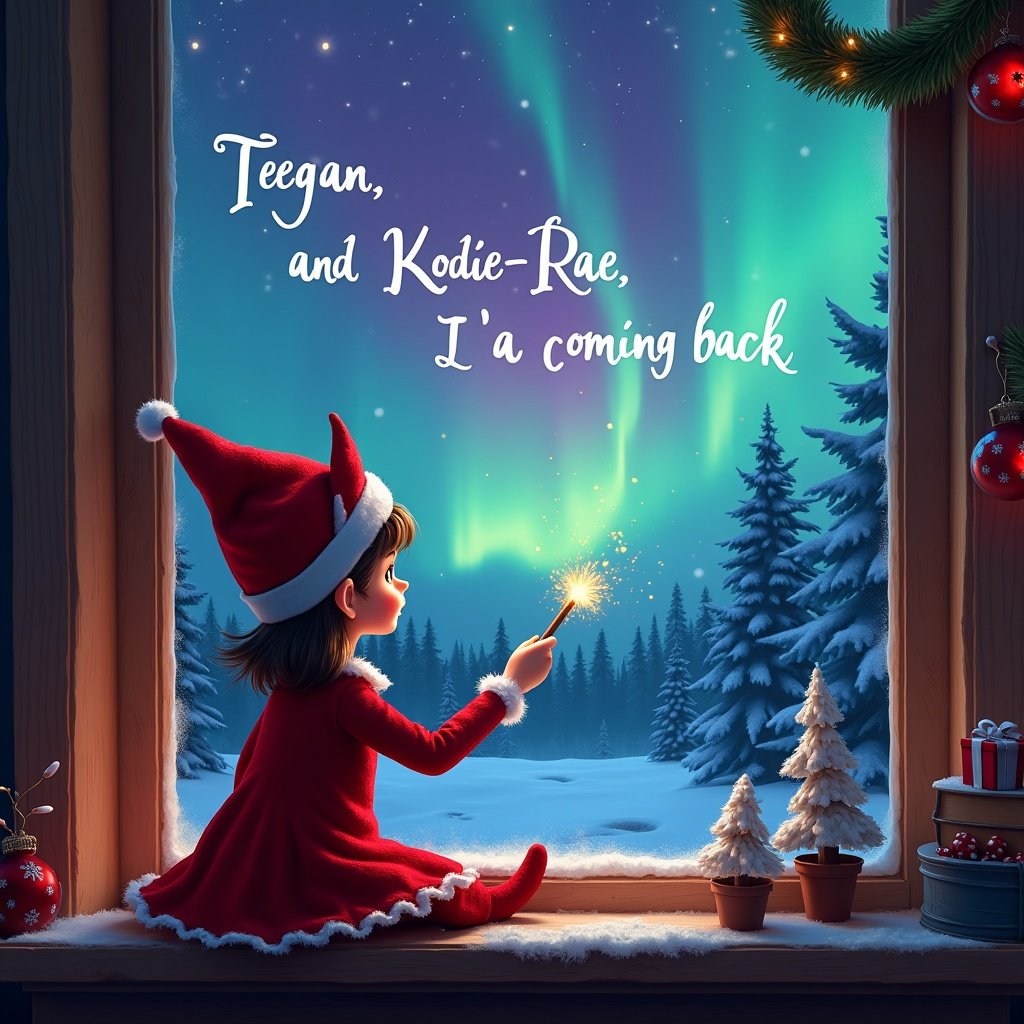 The image features a girl elf on the shelf, positioned with her back to the viewer. She gazes out of a window into a magical Christmas night. Using a wand, she writes 'Teegan, Cole and Kodie-Rae, I'm coming back' in the sky. The backdrop showcases the Northern Lights in vibrant hues. Outside, snow-covered trees create a beautiful winter wonderland. The cozy room is decorated for Christmas, adding to the festive spirit.