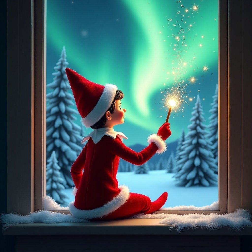 The image features an adorable elf on the shelf sitting on a window ledge, with his back turned to the viewer. He is using a magical wand to create twinkling sparks while looking up at a stunning display of northern lights. The background is set in a winter wonderland, filled with snow-covered pine trees, conjuring a festive holiday feel. Dressed in a vibrant red outfit with white trim, the elf embodies the Christmas spirit. The scene is illuminated by the enchanting colors of the aurora borealis, enhancing the magical ambiance.