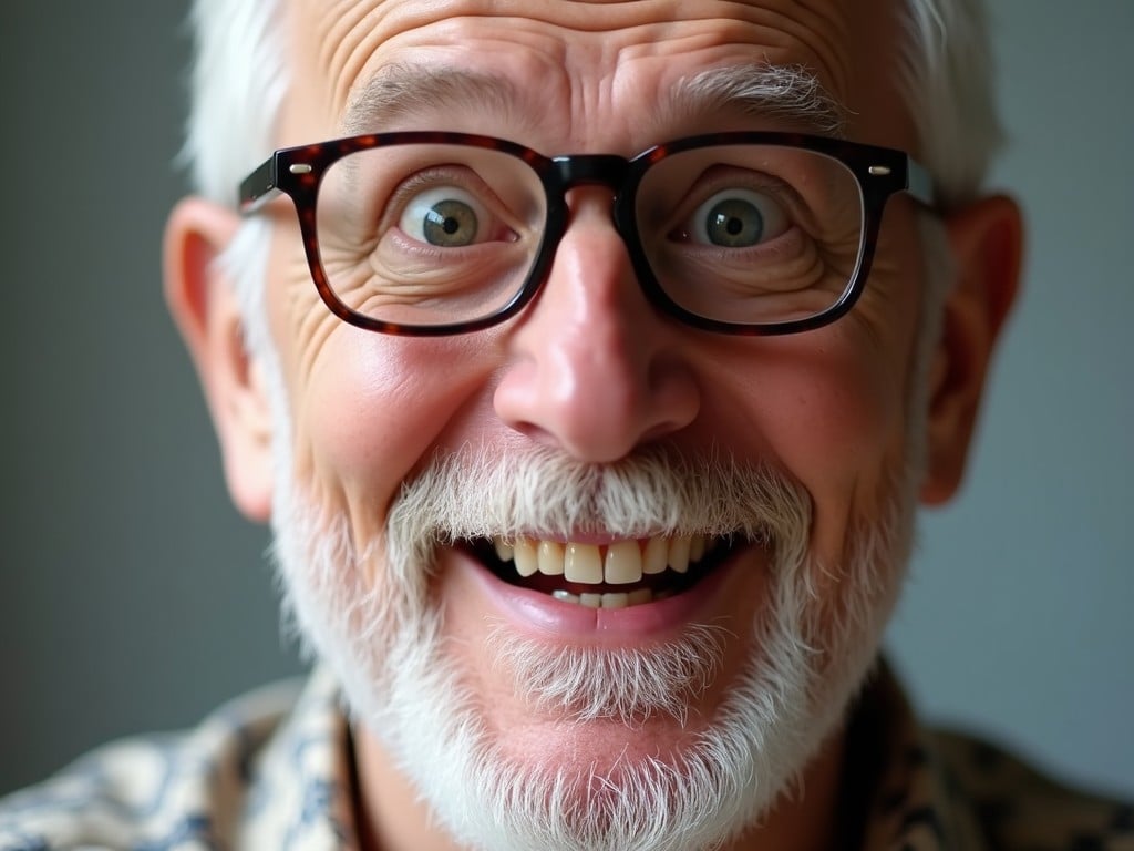 a close-up portrait of a joyful elderly man with glasses, showcasing a bright smile and white beard, set against a neutral background with a focus on his face and expression