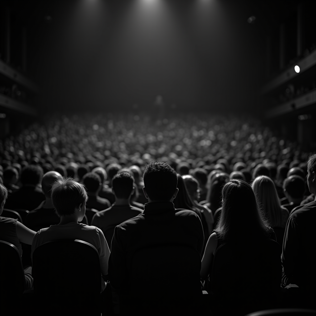 A large audience sits in a dark theater, focused on a distant stage.