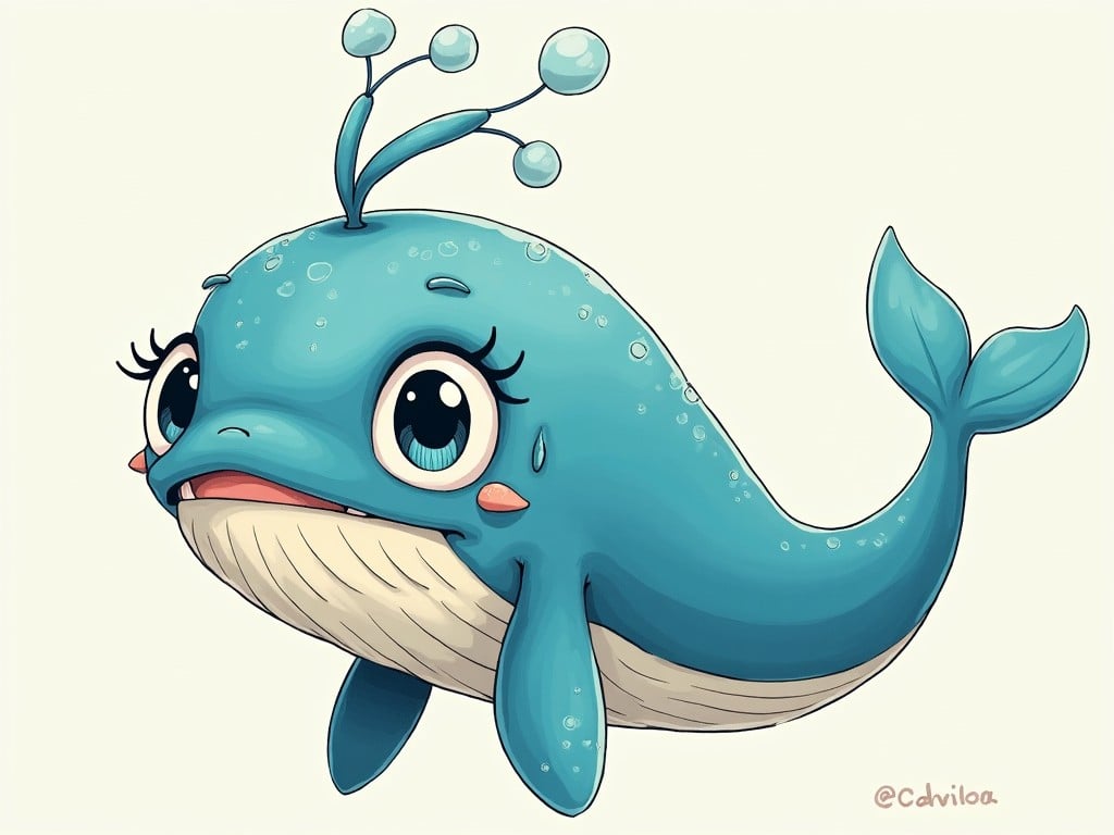 Create a cute cartoon whale character with large eyes, a small smile, and a friendly appearance. Use a simple color palette with a focus on blue, and add whimsical bubbles on top of its head.